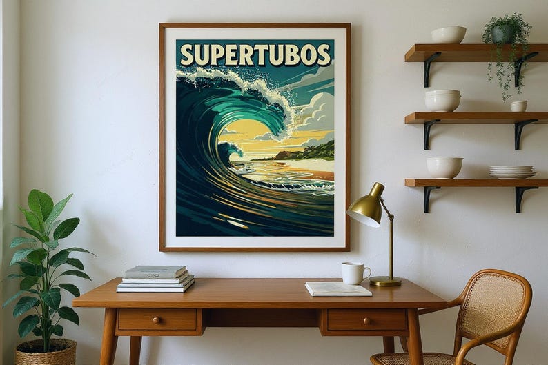 Supertubos Portugal Surf Poster framed in a home office setting