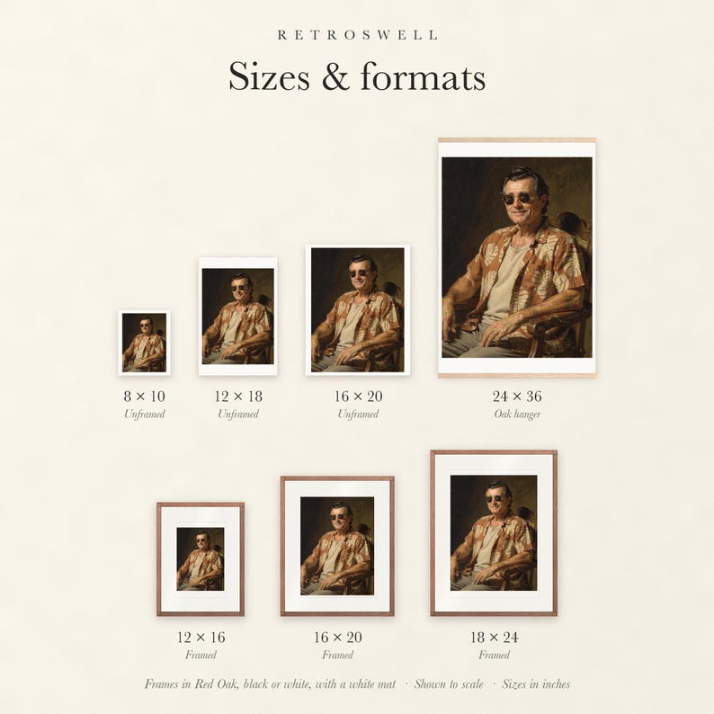 Sizes and formats for James Monroe Surfer, shown to scale: unframed prints, oak hanger and framed prints.