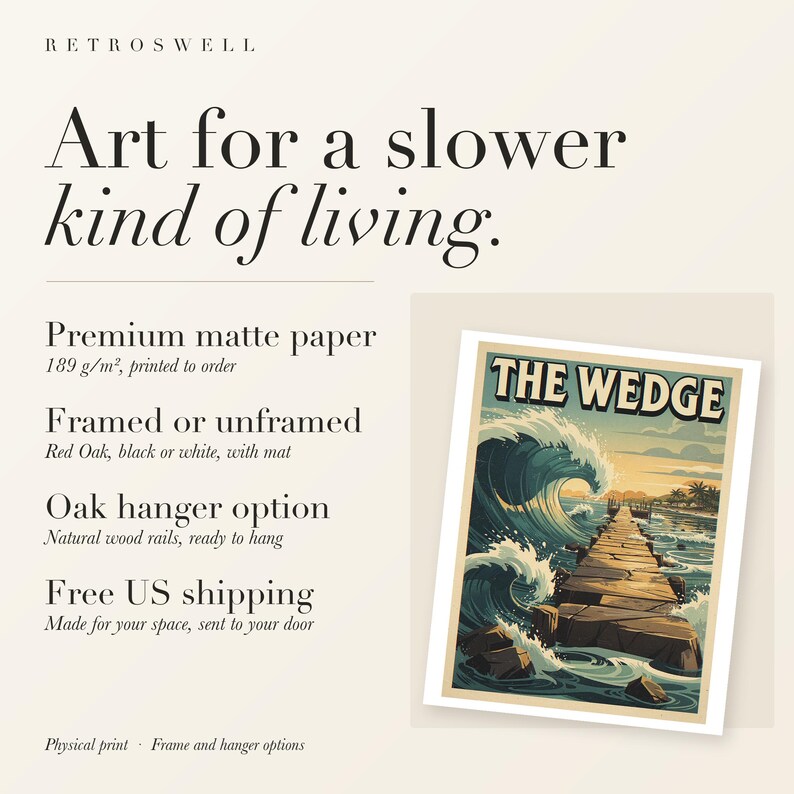 RetroSwell print details for The Wedge Surf: premium 189 g/m² matte paper, framed or unframed, oak hanger option, free US shipping.