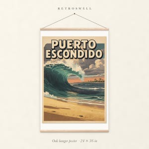 Puerto Escondido Surf oak hanger poster, 24 by 36 inches, with natural wood rails and a hanging cord.