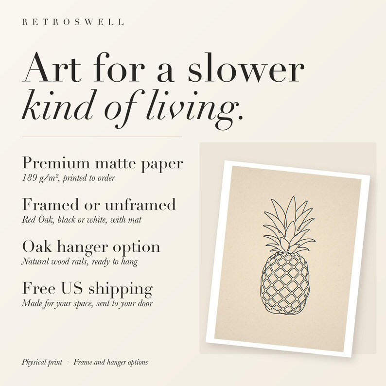 RetroSwell print details for Pineapple Line: premium 189 g/m² matte paper, framed or unframed, oak hanger option, free US shipping.