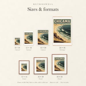 Sizes and formats for Chicama Peru Surf, shown to scale: unframed prints, oak hanger and framed prints.