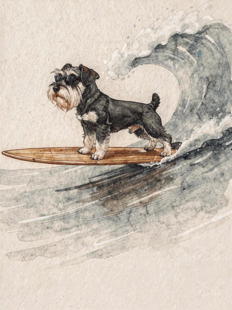 Miniature Schnauzer Surfing Art Print