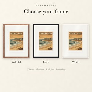 Frame options for Cardiff Reef Surf: Red Oak, black and white wood frames, each with a white mat.