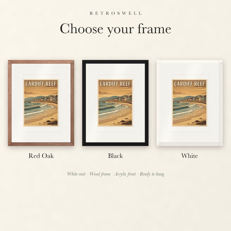 Frame options for Cardiff Reef Surf: Red Oak, black and white wood frames, each with a white mat.