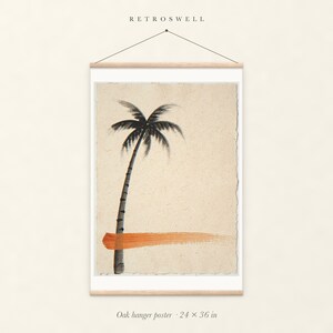 Palm Tree Ink Style oak hanger poster, 24 by 36 inches, with natural wood rails and a hanging cord.