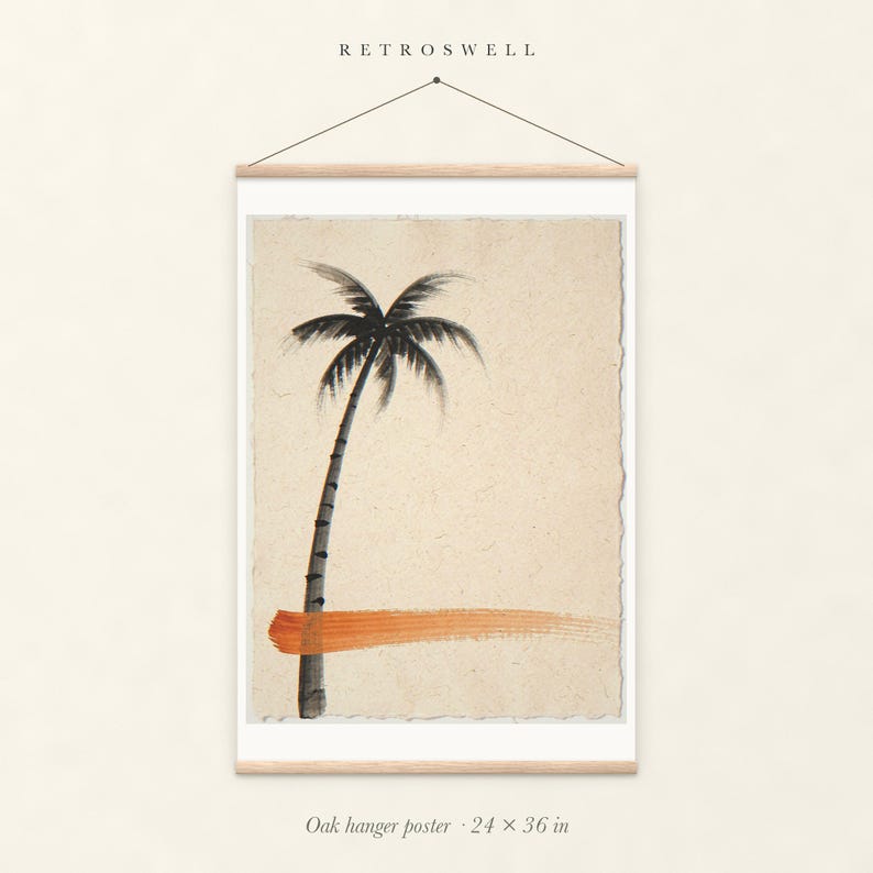 Palm Tree Ink Style oak hanger poster, 24 by 36 inches, with natural wood rails and a hanging cord.
