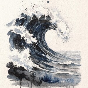 Watercolor Wave Art Set of 6, Indigo Ocean Gallery Wall Prints, Navy Coastal Beach House Decor, Printable Wall Art Digital Download image 5
