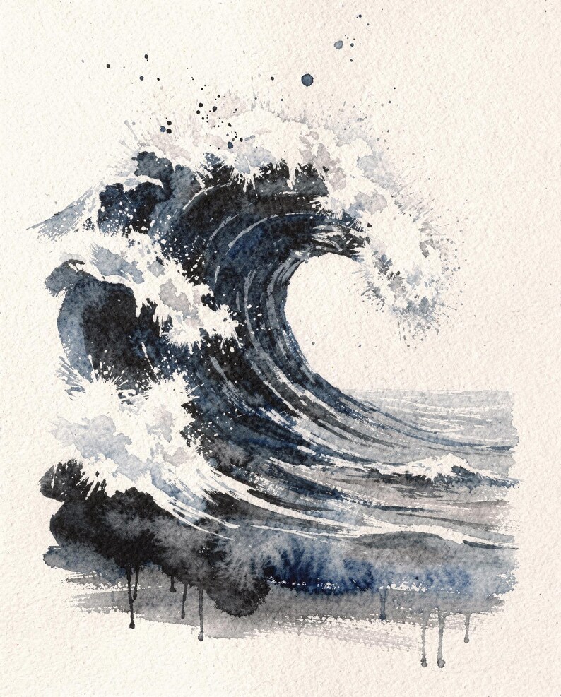Watercolor Wave Art Set of 6, Indigo Ocean Gallery Wall Prints, Navy Coastal Beach House Decor, Printable Wall Art Digital Download image 5