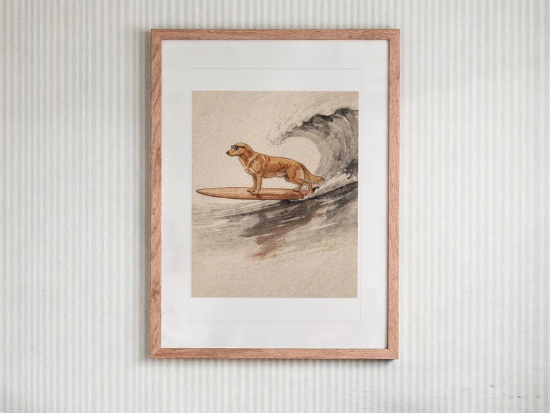 Golden Retriever Surfing Art Print, Framed or Unframed Watercolor Style Dog Poster image 13