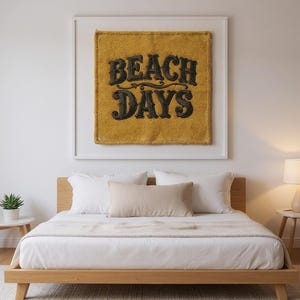 Beach Days Embroidered Patch Print framed in a modern bedroom setting