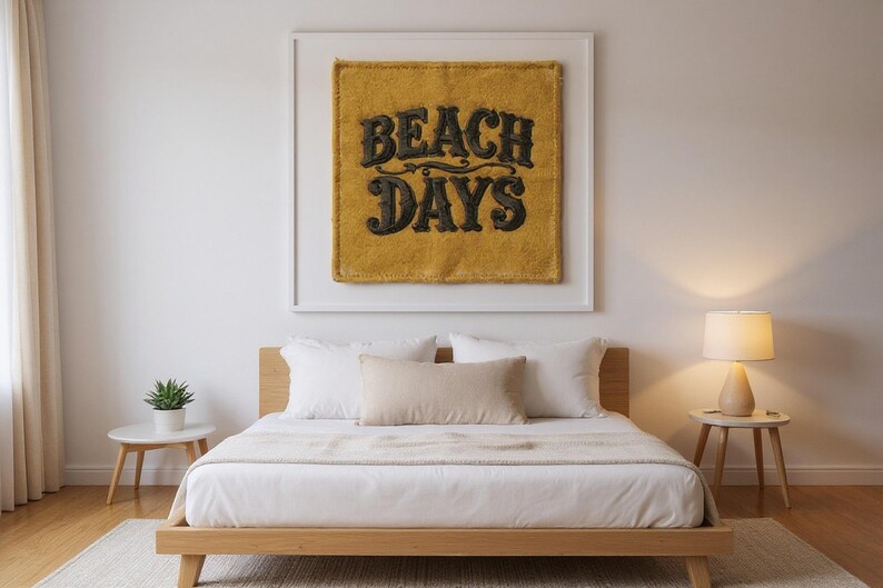 Beach Days Embroidered Patch Print framed in a modern bedroom setting