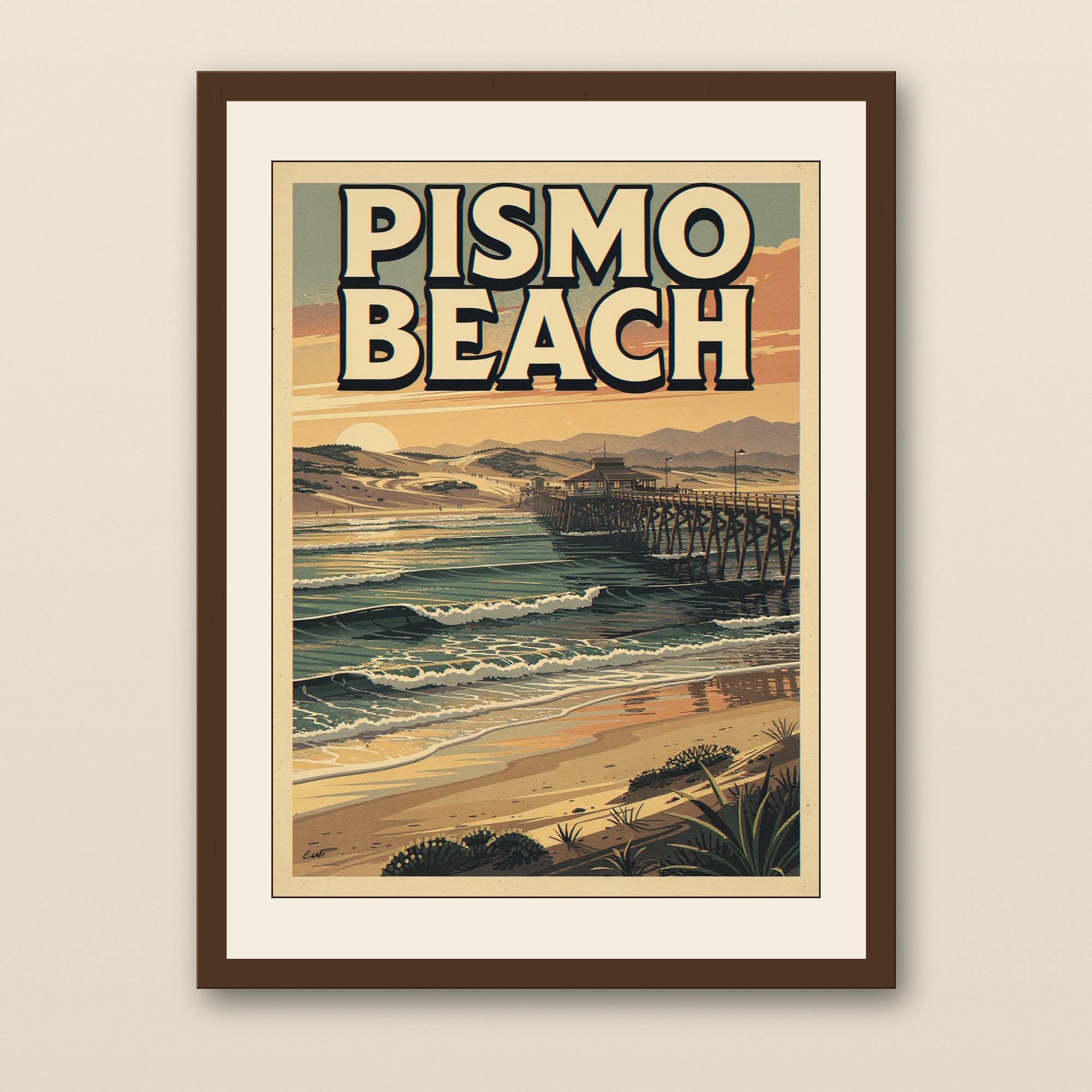 Pismo Beach Surf Poster - walnut framed art print with cream mat on plaster wall