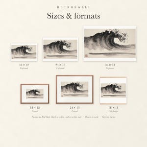 Sizes and formats for Crashing Wave Xieyi Ink, shown to scale: unframed prints, framed prints and the oak hanger.