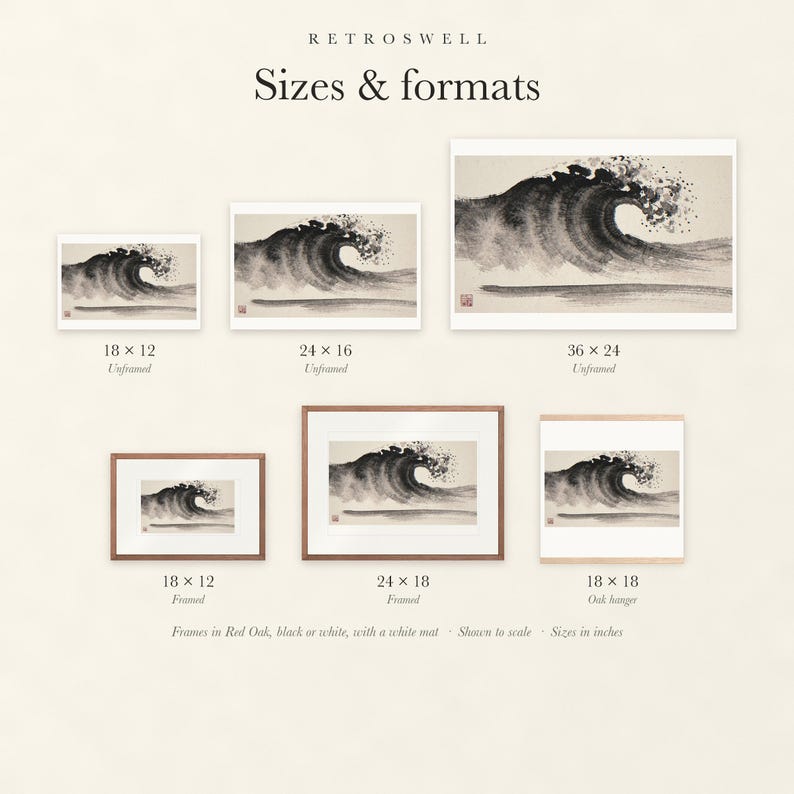 Sizes and formats for Crashing Wave Xieyi Ink, shown to scale: unframed prints, framed prints and the oak hanger.