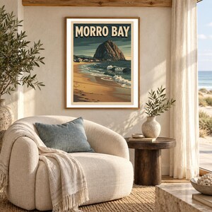 Morro Bay California Surf Poster art print shown framed in a light-filled coastal living room (frame not included). RetroSwell digital download.