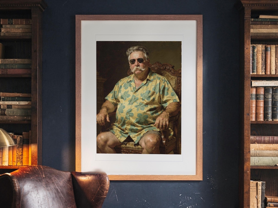 William Howard Taft Surfer print in a Red Oak frame with a white mat, hanging on the wall between the shelves in a home library.