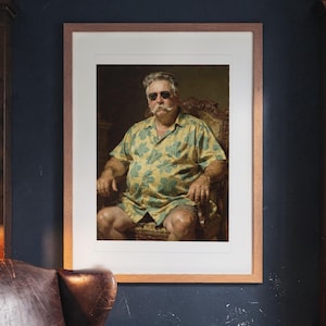 May include: A framed portrait of a person with a mustache and sunglasses, wearing a yellow short-sleeved shirt with a green leaf pattern. The person is seated in an ornate wooden chair, captured in a classic painting style with dark tones.