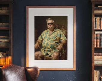 May include: A framed portrait of a person with a moustache and sunglasses, wearing a yellow short-sleeved shirt with a green leaf pattern. The person is seated in an ornate wooden chair, captured in a classic painting style with dark tones.