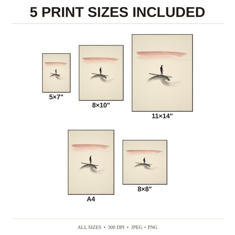Sumi-e Lone Surfer with Rose Dawn Accent Print - available print sizes: 5x7, 8x10, 11x14, A4, and square