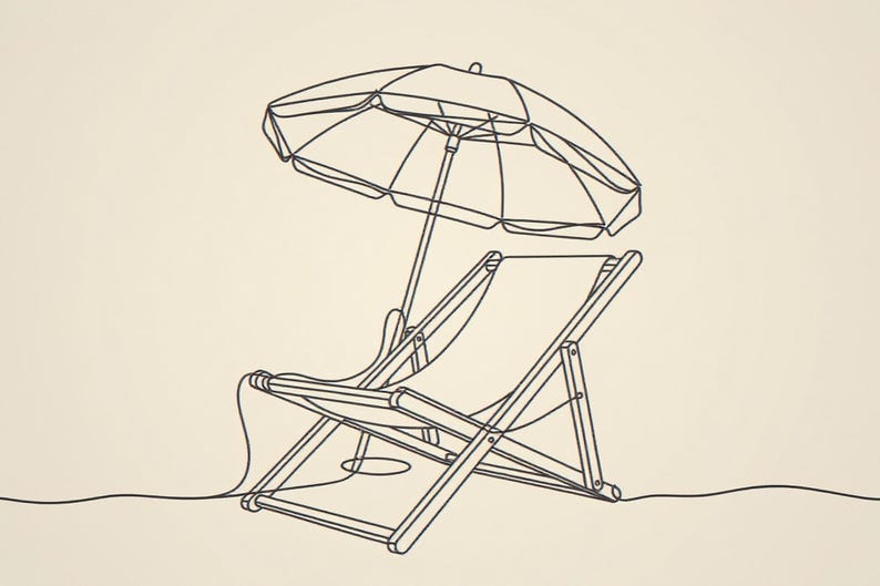 Boho Beach Chair and Umbrella Line Art framed in a coastal dining room setting