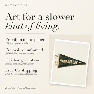 RetroSwell print details for Hanalei Bay Surf Pennant: premium 189 g/m² matte paper, framed or unframed, oak hanger option, free US shipping.
