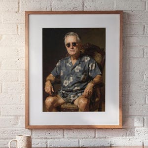 Franklin D. Roosevelt Surfer print in a Red Oak frame with a white mat, hanging above the desk in a home office.