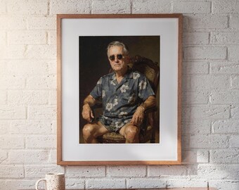 May include: A framed portrait of an older person with grey hair wearing dark round sunglasses and a short-sleeved blue button-down shirt with a white floral pattern and matching shorts, seated in a dark wooden chair against a dark background.
