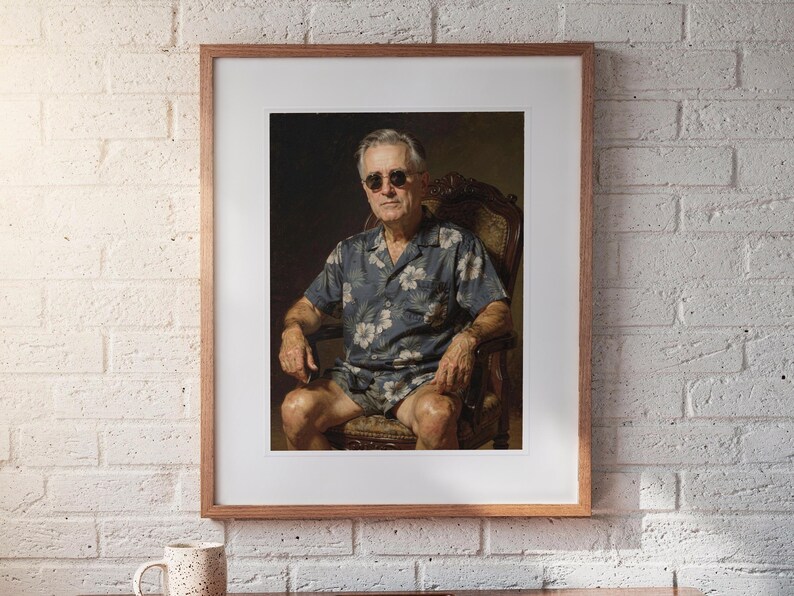 Franklin D. Roosevelt Surfer print in a Red Oak frame with a white mat, hanging above the desk in a home office.