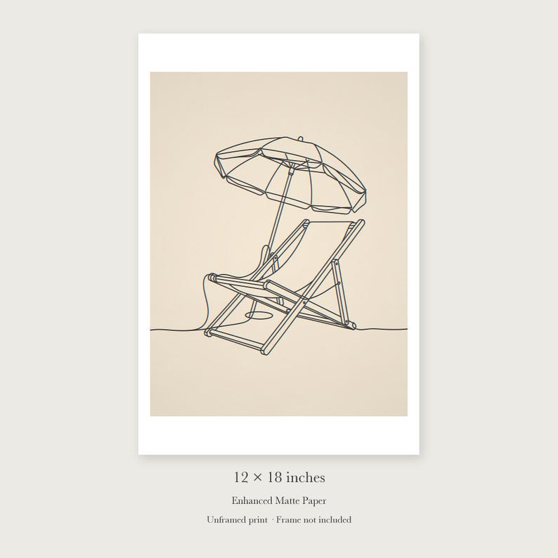 Beach Chair and Umbrella Line unframed 12 by 18 inch print on enhanced matte paper, shown with its white paper border.