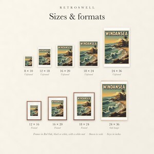 Sizes and formats for Windansea Surf, shown to scale: unframed prints from 8 by 10 to 24 by 36 inches, oak hanger and framed prints.