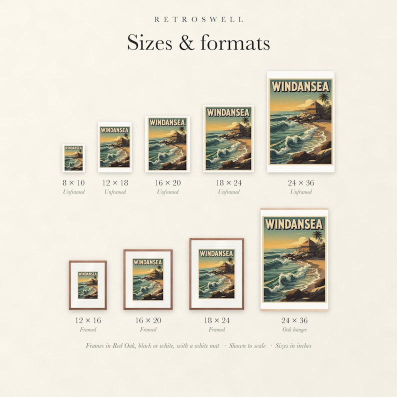 Sizes and formats for Windansea Surf, shown to scale: unframed prints from 8 by 10 to 24 by 36 inches, oak hanger and framed prints.