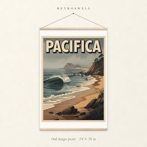 Pacifica Surf oak hanger poster, 24 by 36 inches, with natural wood rails and a hanging cord.