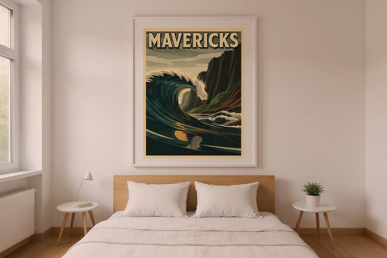 Mavericks Surf Poster | Half Moon Bay California Print | Vintage Surf Wall Art | Printable Beach Decor | Digital Download image 7
