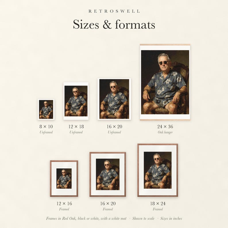 Sizes and formats for Franklin D. Roosevelt Surfer, shown to scale: unframed prints, oak hanger and framed prints.