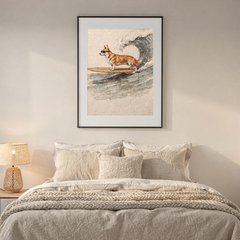 Corgi Surfing Print | Dog Surf Wall Art | Fine Art Coastal Decor | Corgi Lover Gift | Printable Wall Art Digital Download image 7