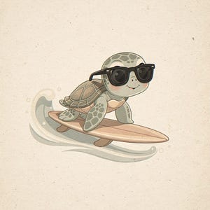 Sea turtle surfing unframed printed artwork and full composition with its paper border.