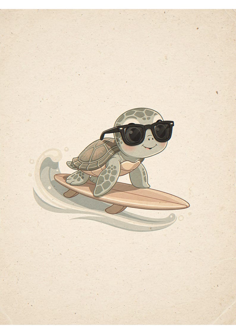 Sea turtle surfing unframed printed artwork and full composition with its paper border.