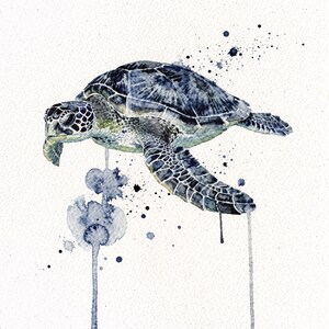 Sea Turtle Watercolor Print Coastal Wall Art Indigo Blue Ocean Painting Beach House Decor Printable Wall Art Digital Download image 2