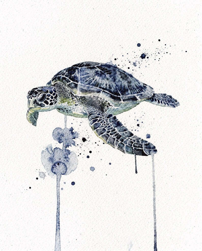 Sea Turtle Watercolor Print Coastal Wall Art Indigo Blue Ocean Painting Beach House Decor Printable Wall Art Digital Download image 2