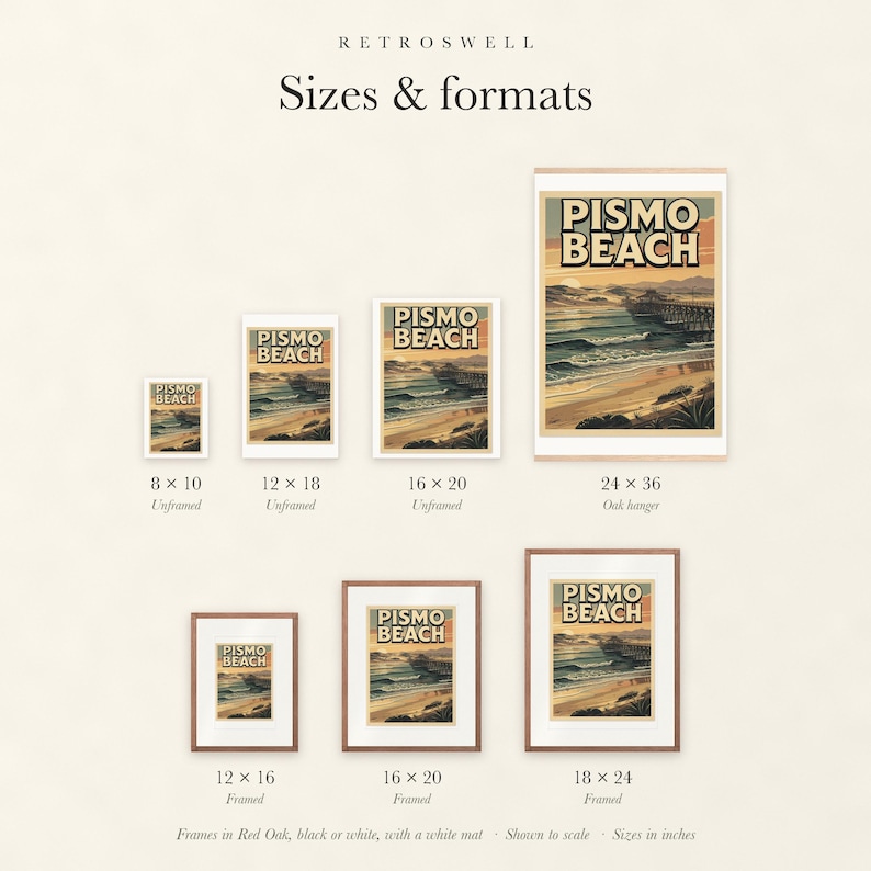 Sizes and formats for Pismo Beach Surf, shown to scale: unframed prints, oak hanger and framed prints.