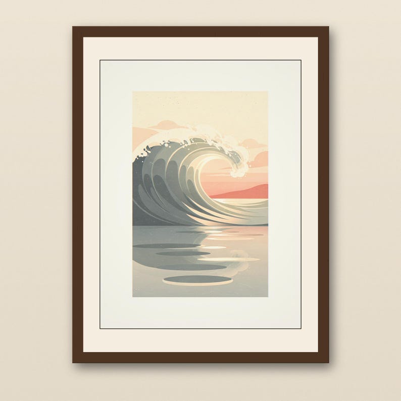Ocean Wave Art Print - walnut framed art print with cream mat on plaster wall