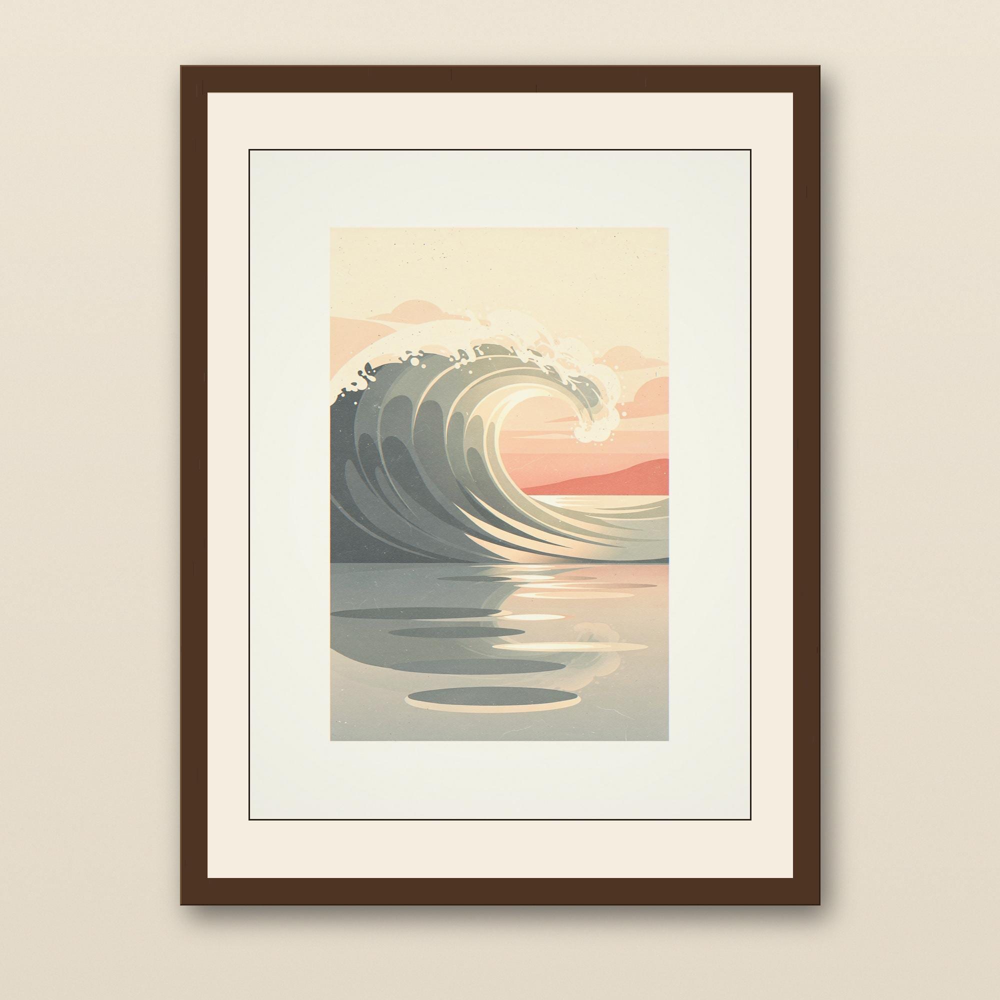Ocean Wave Art Print - walnut framed art print with cream mat on plaster wall