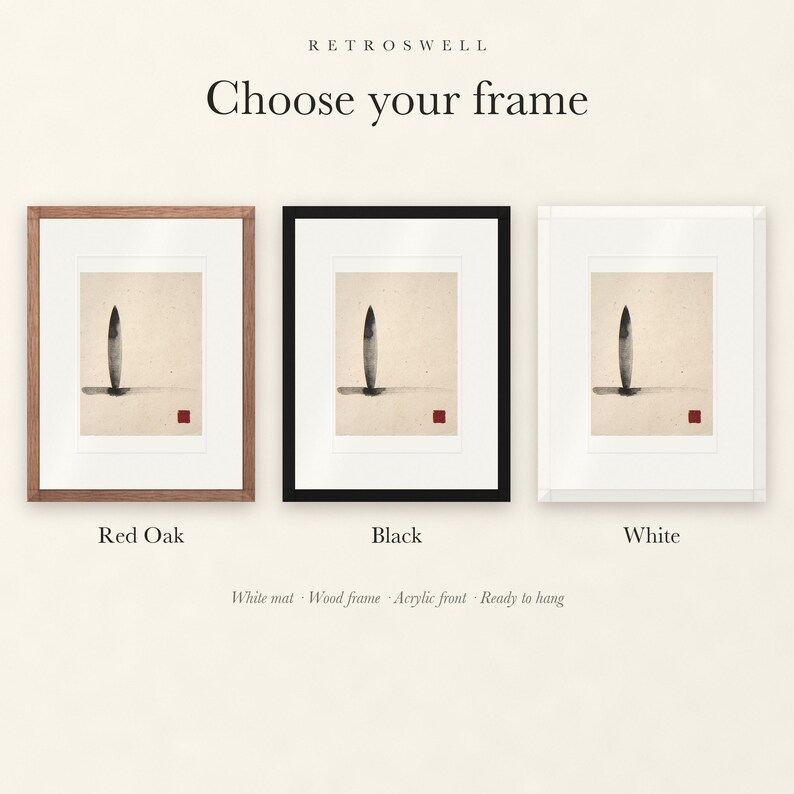 Frame options for Longboard Ink Style: Red Oak, black and white wood frames, each with a white mat.
