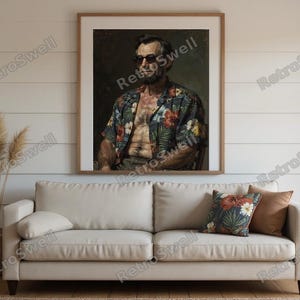 Abe Lincoln Print framed in a beach-style living room setting