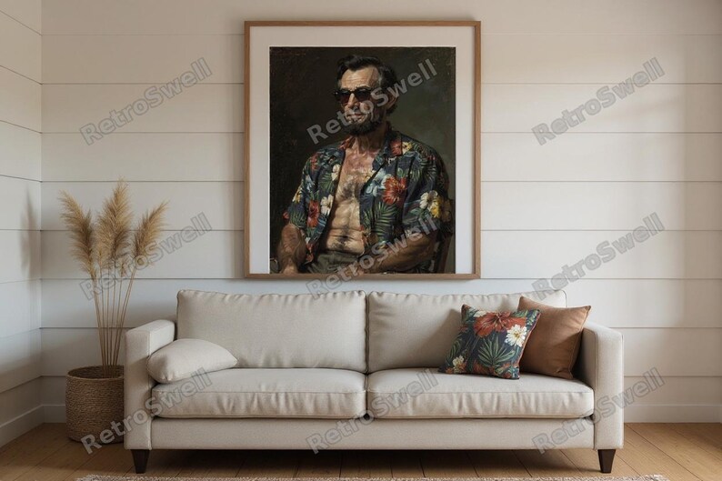 Abe Lincoln Print framed in a beach-style living room setting