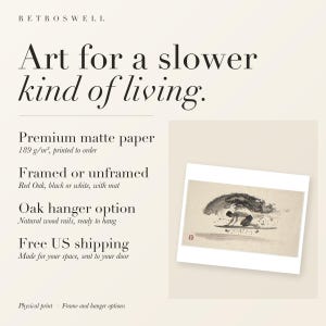RetroSwell print details for Surfer Duck Dive Xieyi Ink: premium 189 g/m² matte paper, framed or unframed, oak hanger option, free US shipping.