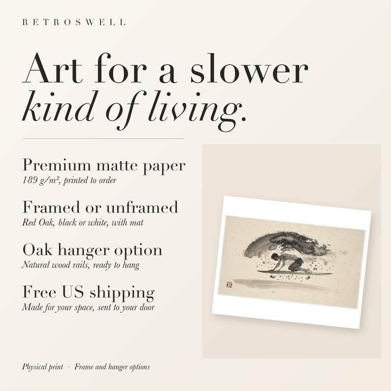 RetroSwell print details for Surfer Duck Dive Xieyi Ink: premium 189 g/m² matte paper, framed or unframed, oak hanger option, free US shipping.