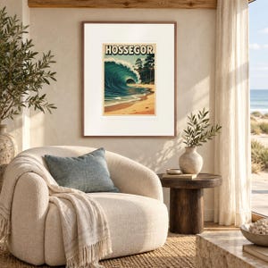 Hossegor Surf print in a Red Oak frame with a white mat in a light-filled coastal sitting room.
