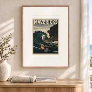 Mavericks Surf Travel Poster, Framed or Unframed Vintage Style Coastal Print image 2